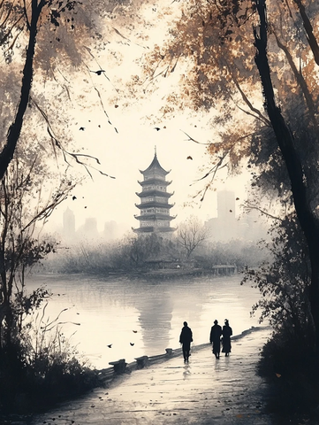 水边步道上的行人与古塔