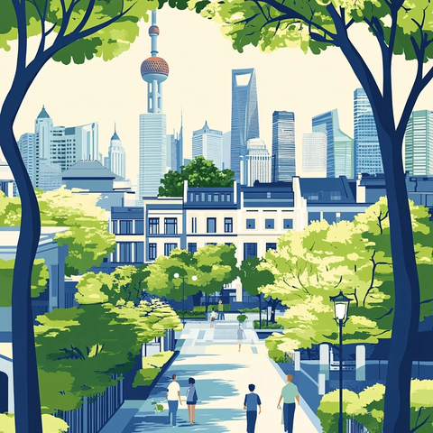 城市街道行人漫步周围是高楼大厦