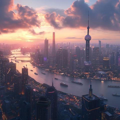 黄昏下的城市天际线鸟瞰全景