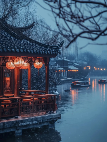 江南水乡古亭夜景灯笼点缀尽显诗意