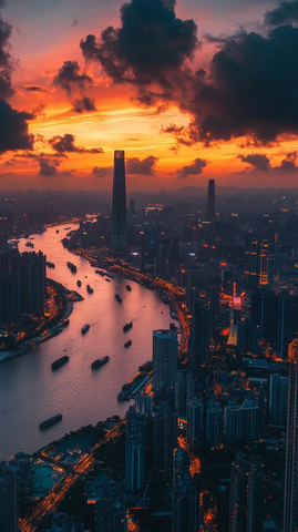 暮色下城市河流两岸灯火通明的景象