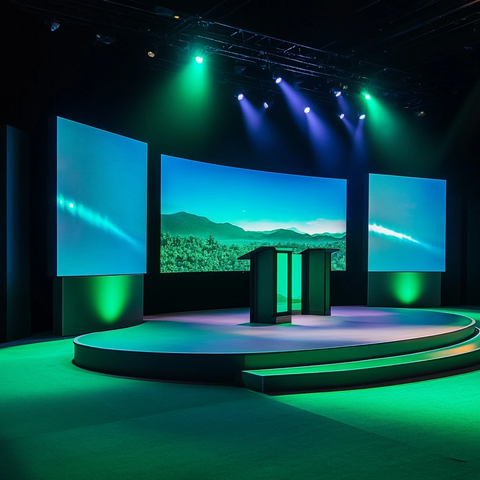 双屏数字讲台与绿蓝场景设计