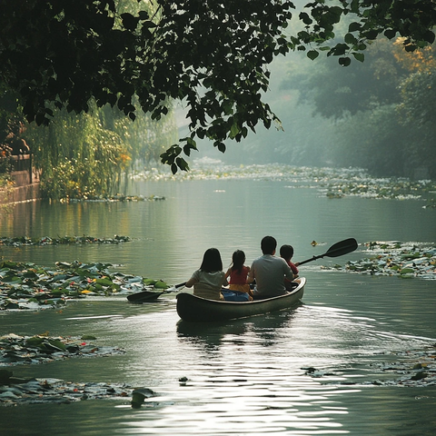 一家人在水上划小船赏景