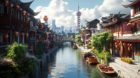 水上古镇与现代都市相映成趣的景观