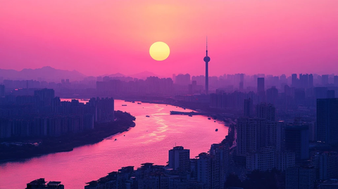 夕阳下城市河流及高塔的美丽景象