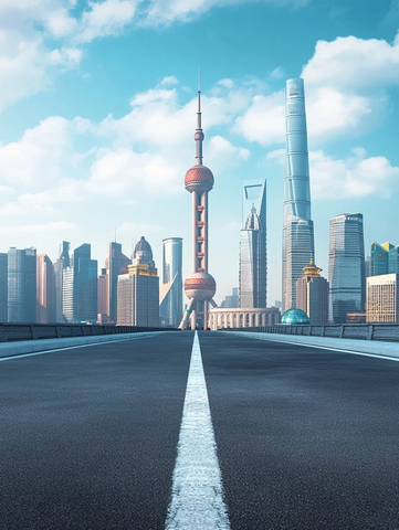 现代化城市道路上的东方明珠塔远景