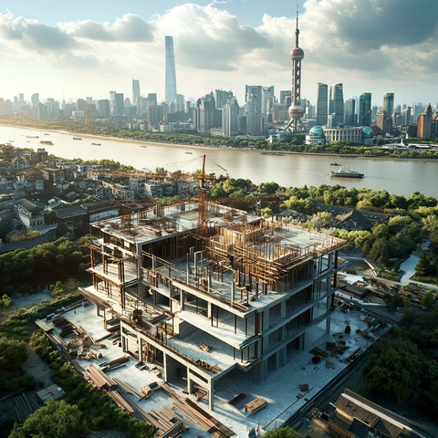 城市中在建高楼鸟瞰全景