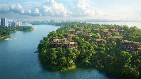 水上绿树环绕的特色建筑景观鸟瞰图