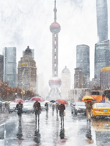 东方明珠下的城市街道雨雪天气景象