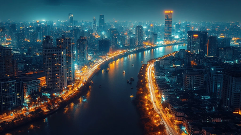 城市夜景河流两岸灯火辉煌的璀璨景象