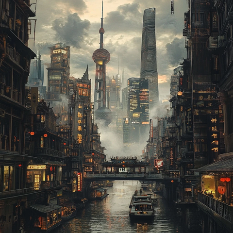 东方明珠下的现代与传统交融的城市景象