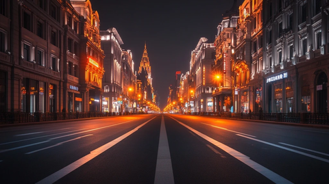 城市街道夜景灯火辉煌的空荡街道景象