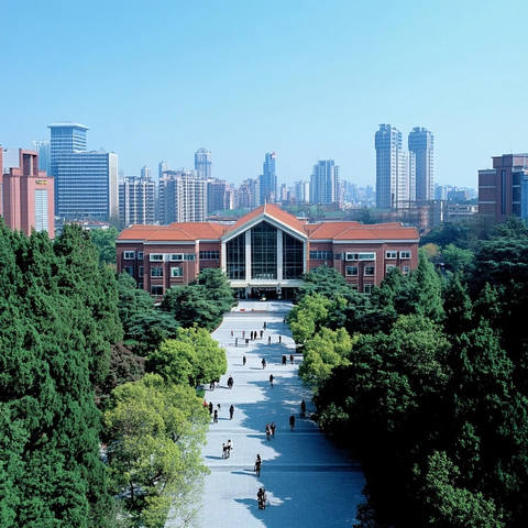 绿树环绕的城市中建筑远景全景