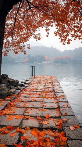 水边石板路落叶缤纷的秋景