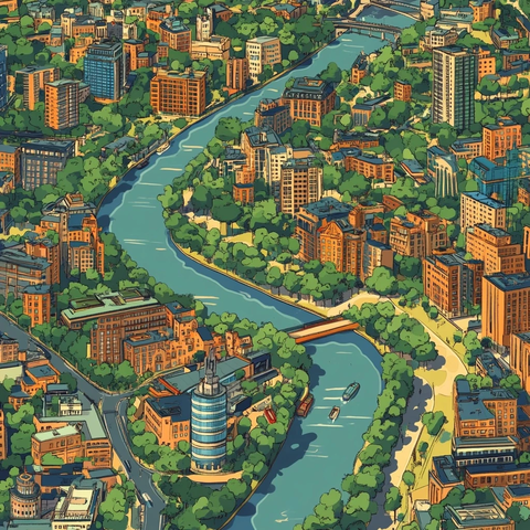 城市河流两岸建筑密集的俯瞰全景