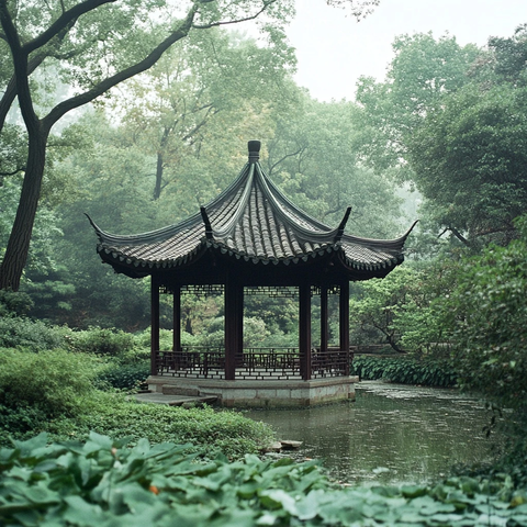 林中水边的中式古典亭子