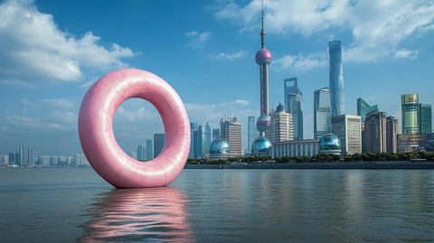 水上粉色环形雕塑与现代城市建筑景观