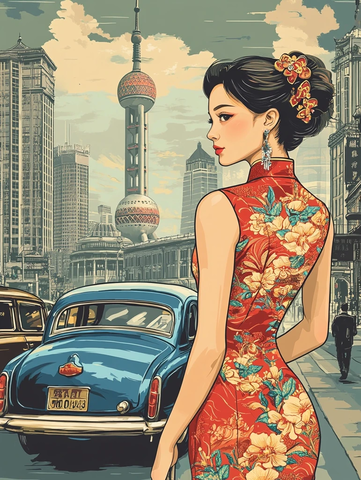 穿旗袍女子背影后东方明珠的城市景象