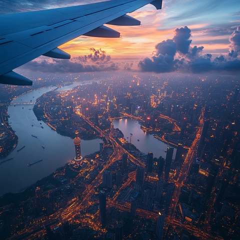 飞机上俯拍城市灯火辉煌的夜景