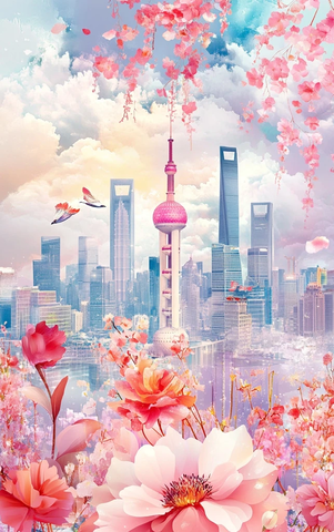 东方明珠塔下盛开着大片花朵的城市景观