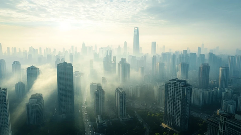 雾霭中俯瞰高楼林立的城市天际线