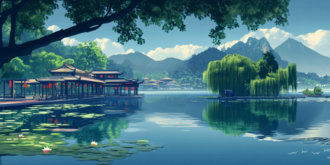 中式亭台水榭与山水相映的自然美景