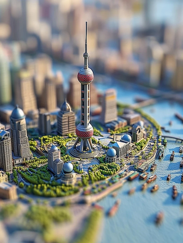 东方明珠塔及周边建筑模型全景