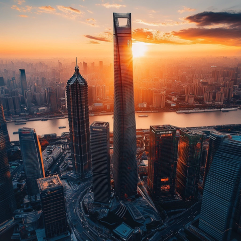 城市天际线处的高楼大厦鸟瞰全景