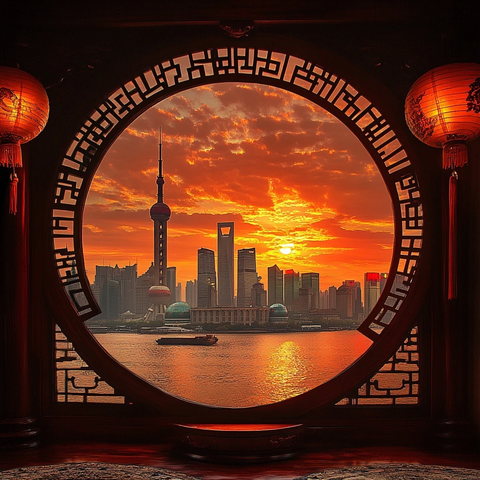 透过中式圆窗赏外滩日落美景