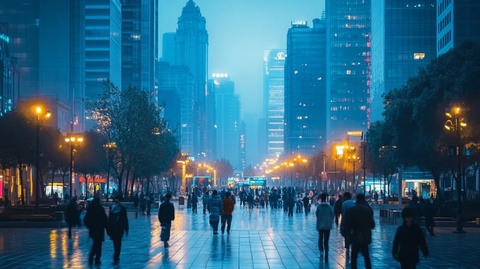 都市雨夜街景中熙攘的人群