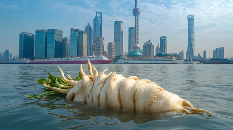 水上巨型萝卜与现代都市相映成趣的景象