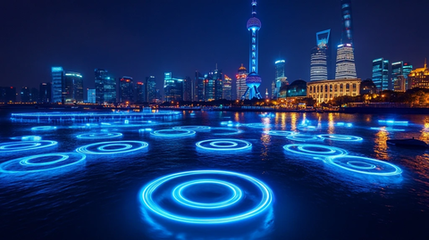 上海外滩夜景灯光秀水面环形光影