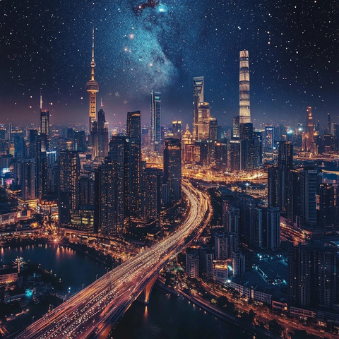 璀璨星空下的繁华都市夜景