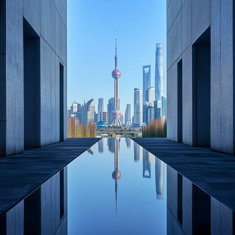 现代建筑倒映水中的城市风光