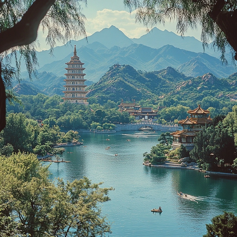 湖光山色中的古塔及传统建筑风景