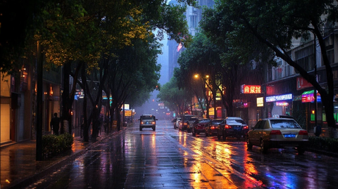 雨夜城市街道霓虹灯光倒影积水路面