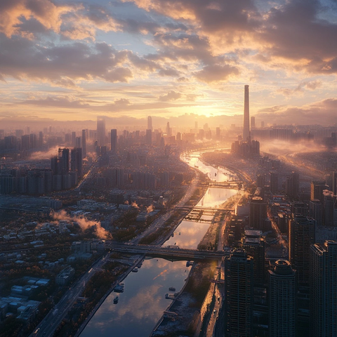 城市日出全景俯瞰河流桥梁与高楼