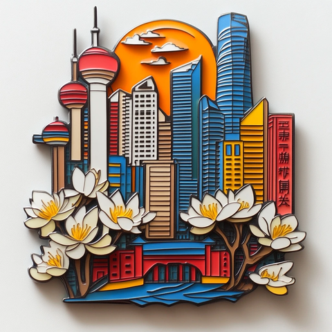 多彩建筑与市花构成的城市风光图