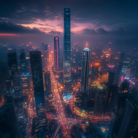 暮色下的城市夜景灯火辉煌