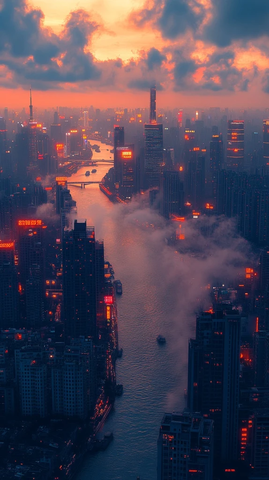 城市河流两岸的高楼大厦夜景