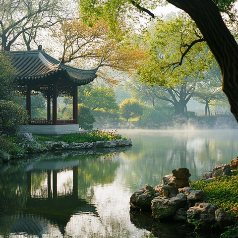 湖畔中式古亭静谧清晨景观