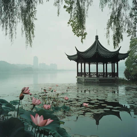 湖上凉亭赏荷水畔绿叶粉花相映成趣