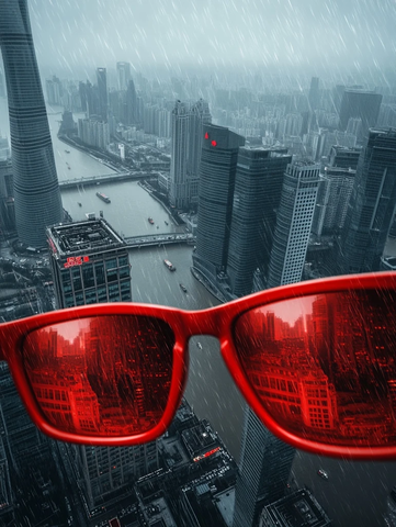 戴红色眼镜俯瞰雨中都市的繁华景象