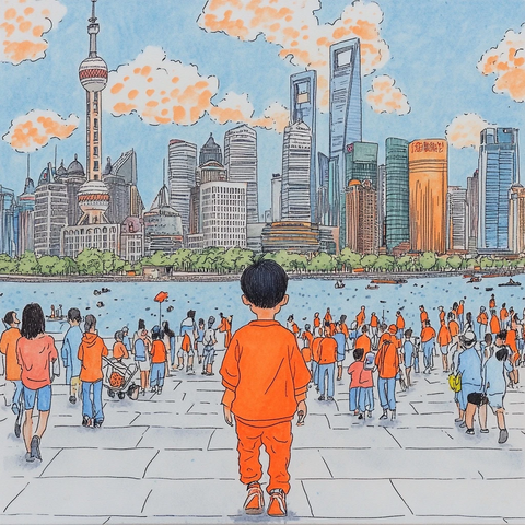 穿橙色衣服的小孩站在城市广场上