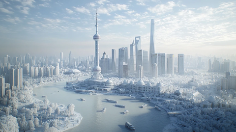 雪后上海外滩建筑群全景鸟瞰