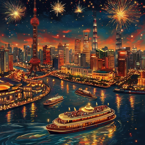 夜景中的城市河流与游船及璀璨烟花