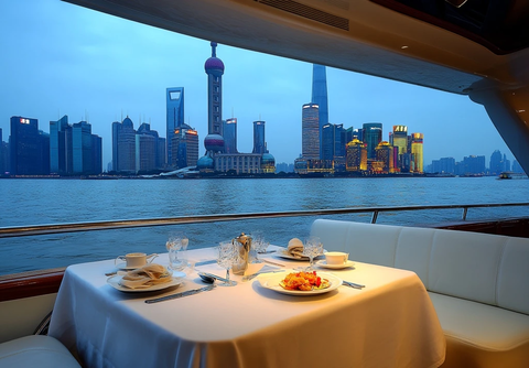 黄浦江上豪华游轮中的精致晚餐