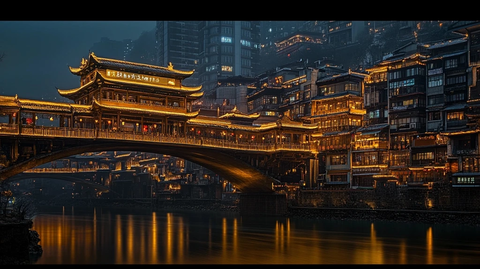 灯火辉煌的古建筑桥与沿河建筑夜景