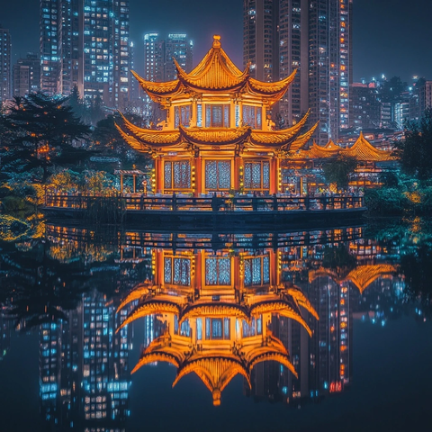 夜色中灯火辉煌的中式古亭