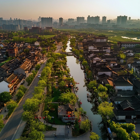 航拍视角下的水乡古镇全景